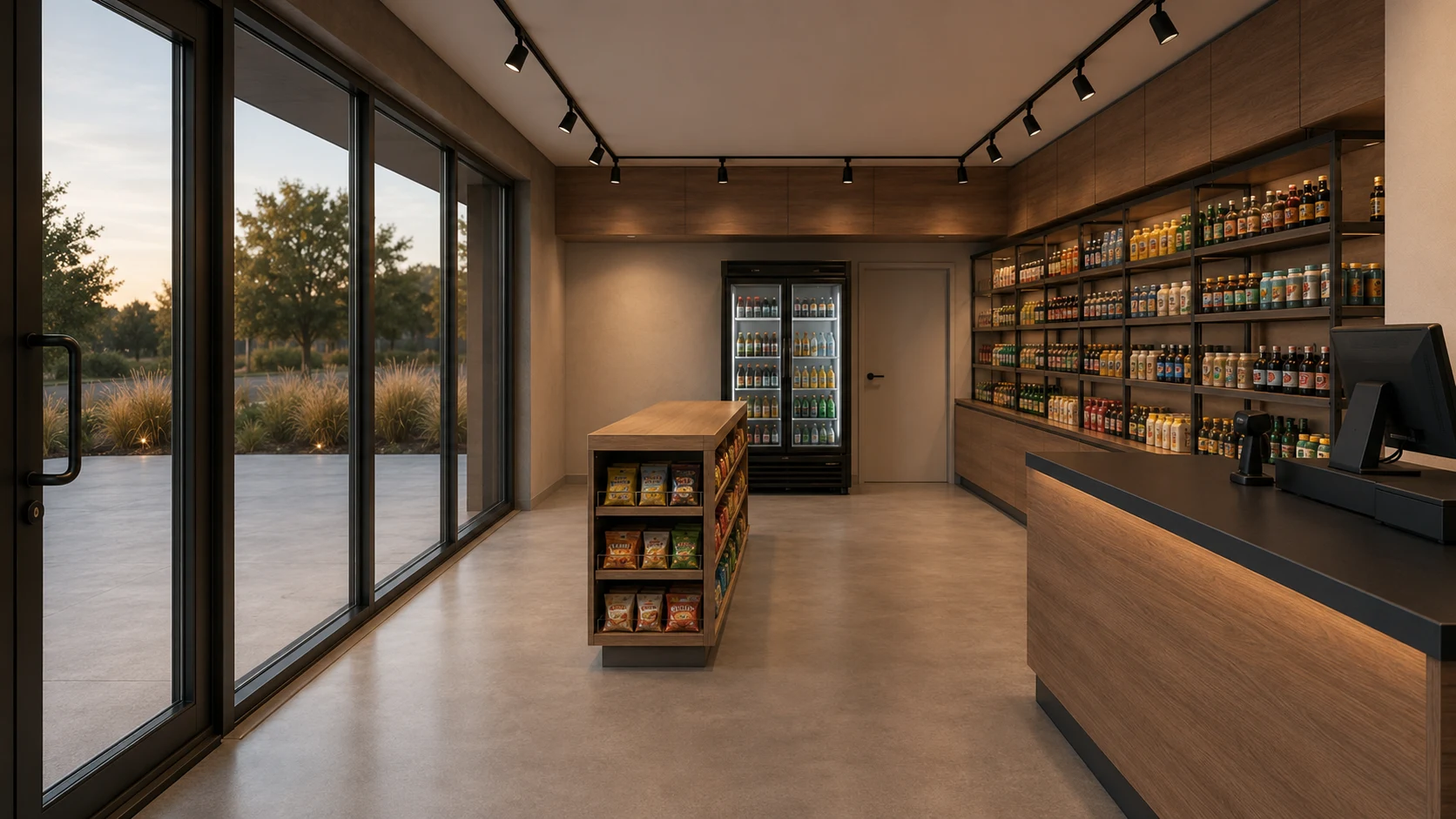 Interior del local comercial con góndola, mostrador y estanterías