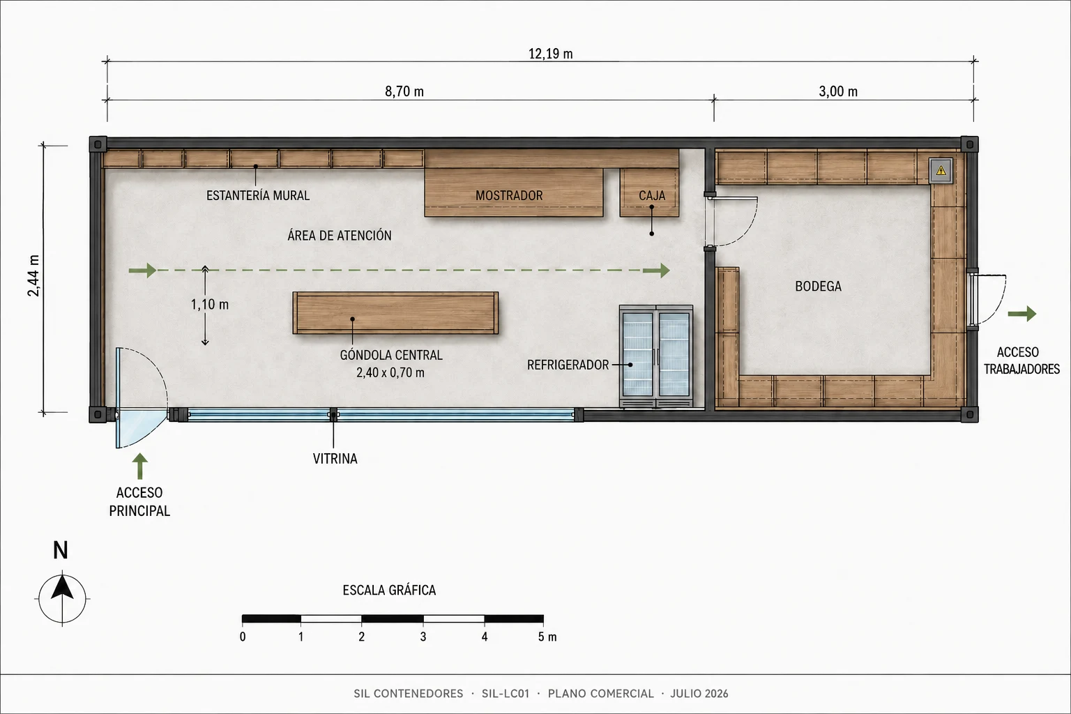 Plano comercial y distribución del local comercial modular