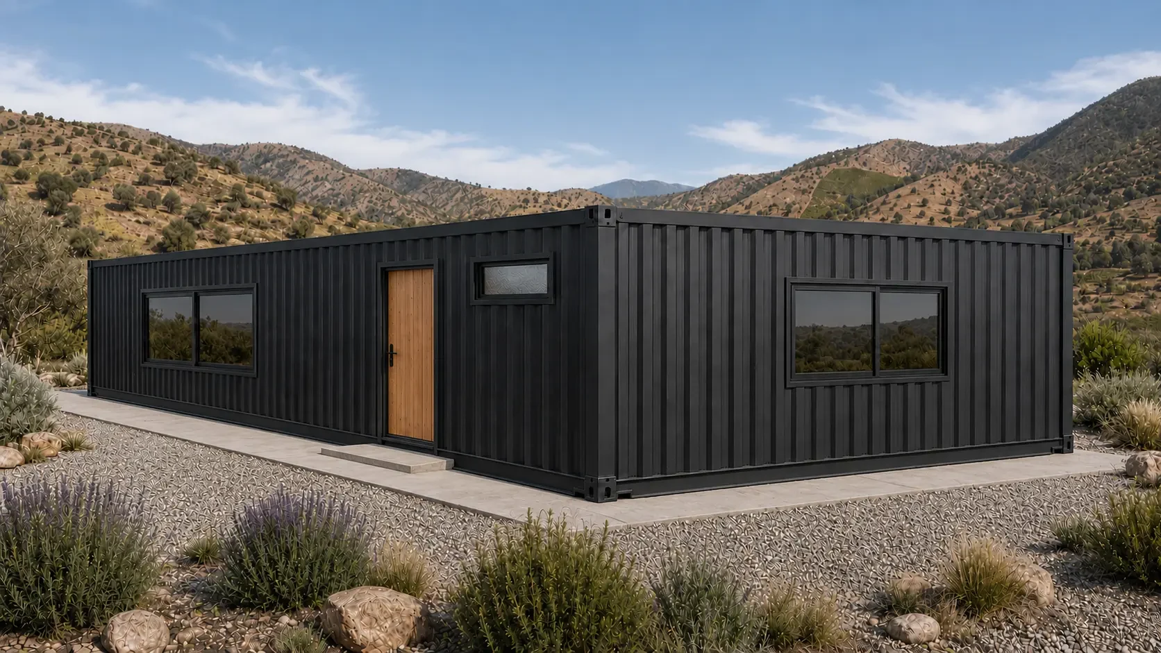 Fachada posterior de la vivienda modular en L