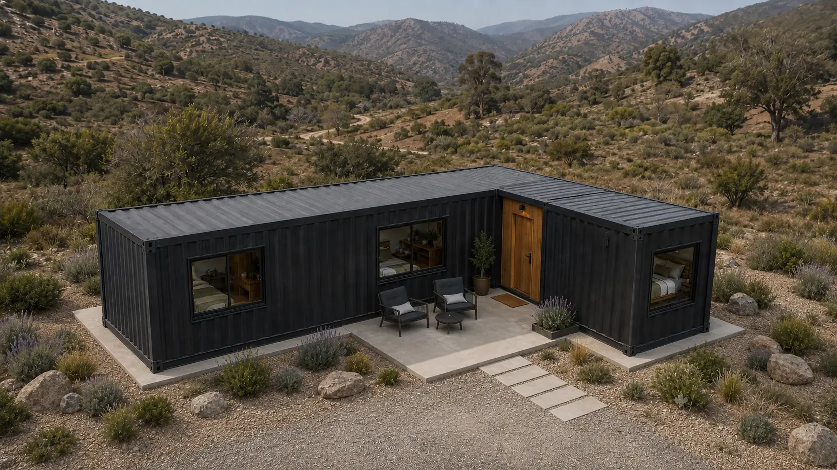 Vista aérea de la configuración en L de la vivienda modular