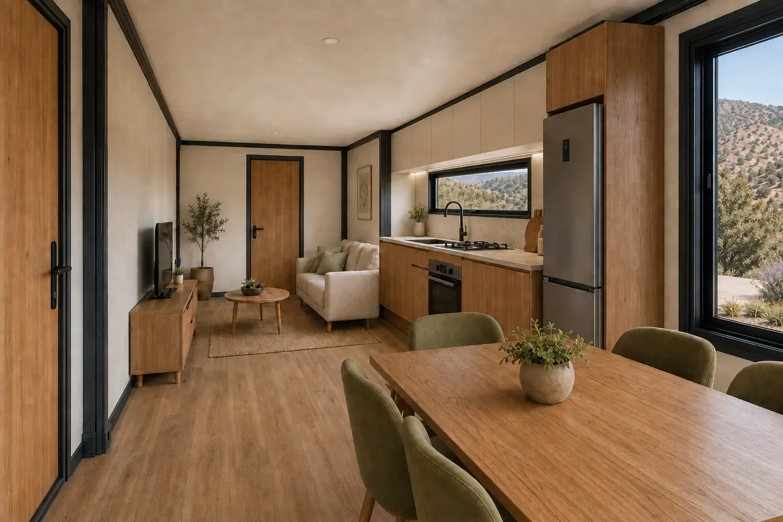 Área social integrada con estar, comedor y cocina de la vivienda modular