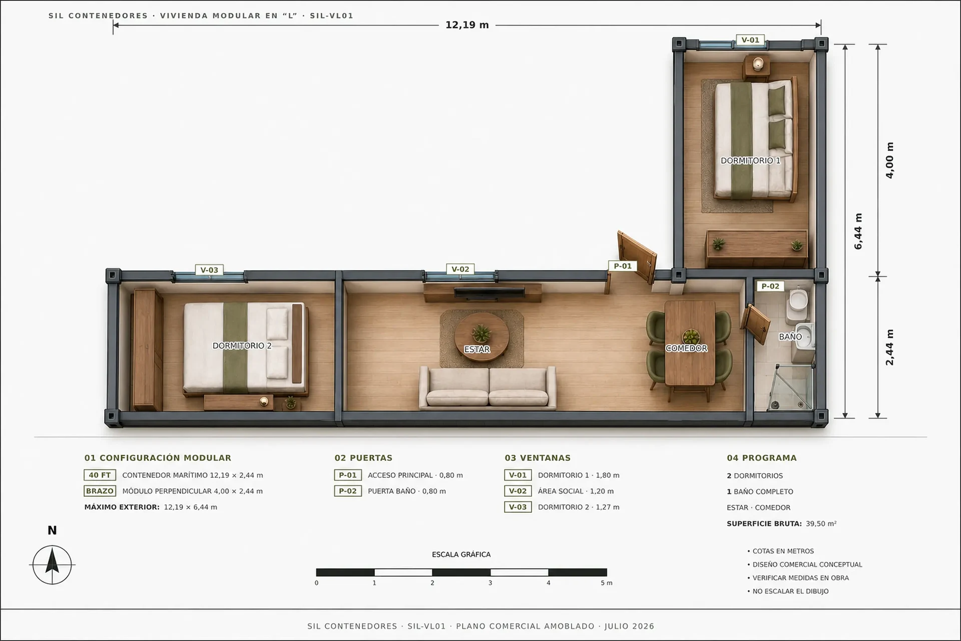 Plano comercial amoblado de la vivienda modular en L