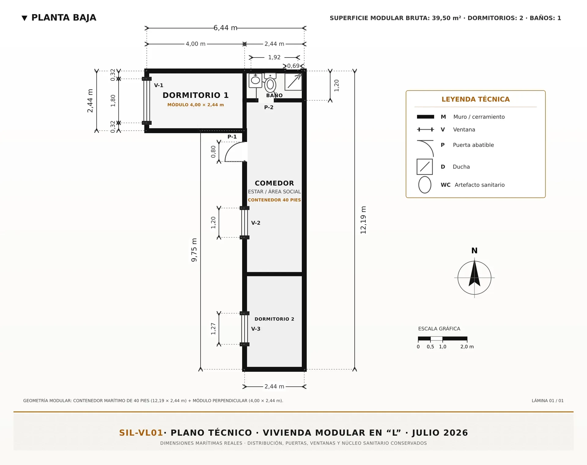 Plano técnico de distribución de la vivienda modular en L